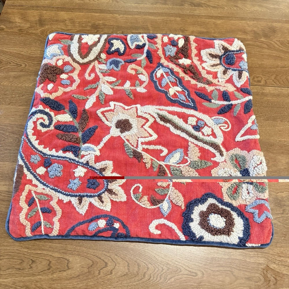 Pottery Barn Nora Embroidered Pillow Cover Red Medallion Paisley 22x22 Cotton